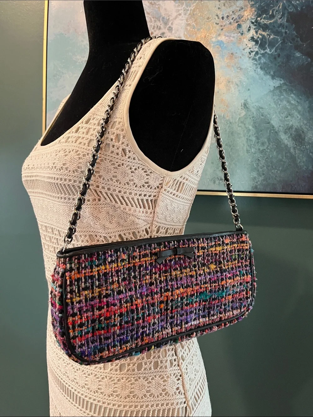 Talbots Multicolor Tweed Shoulder Bag with Black Trim & Chain